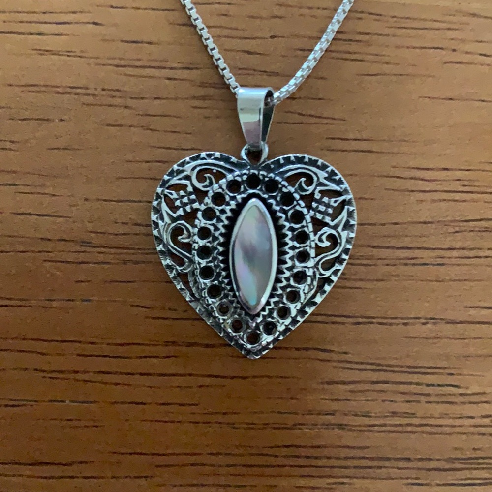 24” Vintage Sterling and Abalone Heart Necklace